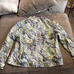 Chico's Blue and Green Patterned Bomber Jacket